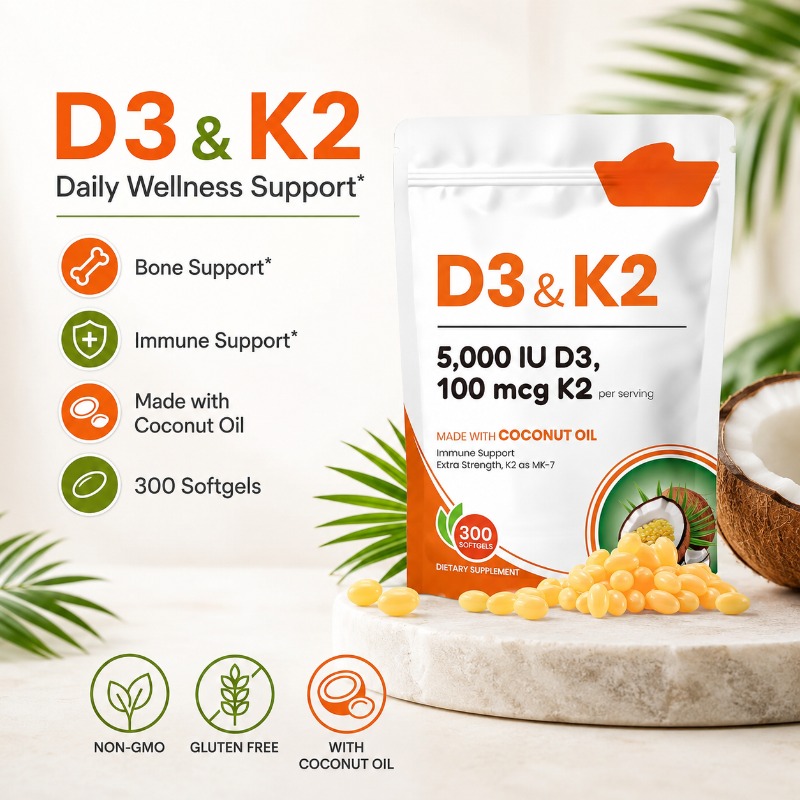 Vitamin D3 K2 Drop - วิตามินดี3 เค2 ซอฟต์เจลพร้อมน้ำมันมะพร้าว, 5000 IU ดี3